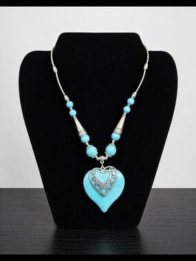 Turquoise Heart Bead Necklace with Silver Filigree Accent